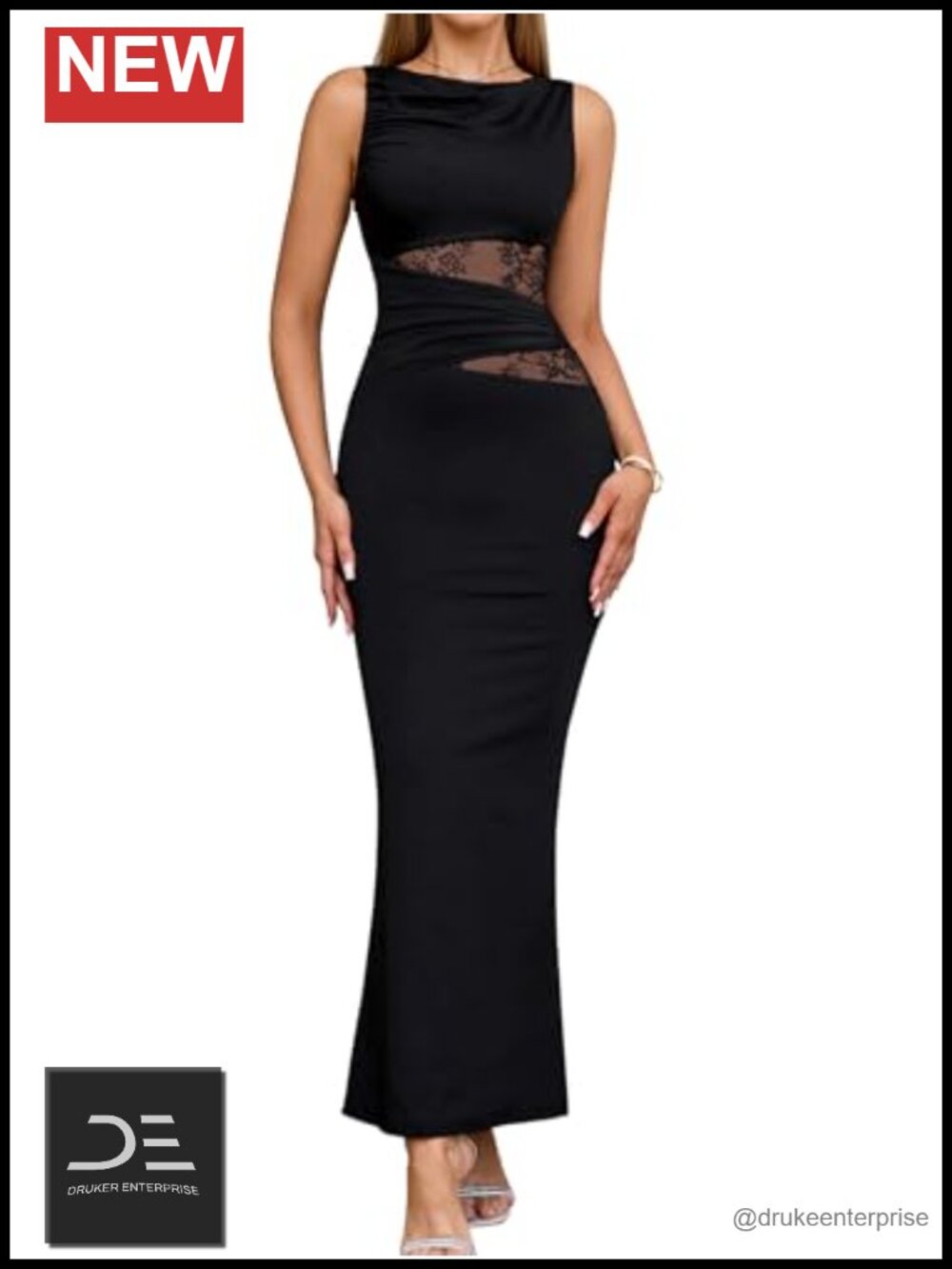 Women's Lace Bodycon Maxi Dress Sleeveless Ruched Formal Wedding Guest